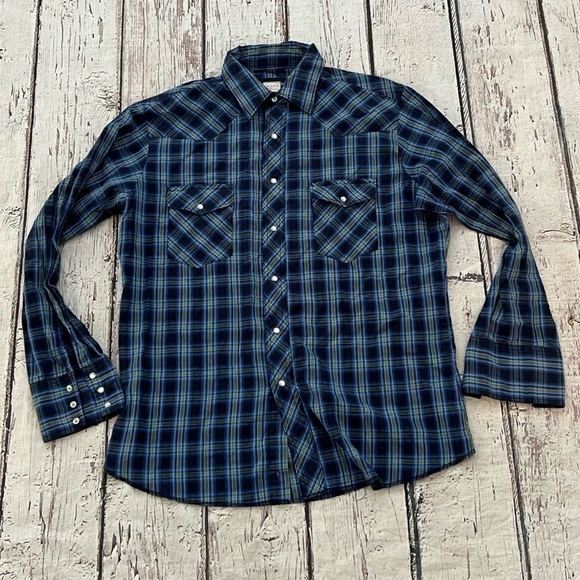 Vintage Wrangler Plaid Pearl Snap Cowboy Rancher Long Sleeve Button Down Shirt - Picture 1 of 4